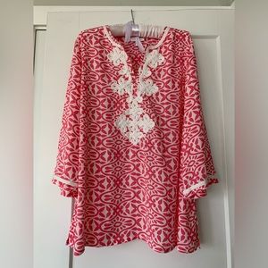 Charter Club Wm’s Sz L Boho Soutache Tunic Blouse Pink/White EUC
